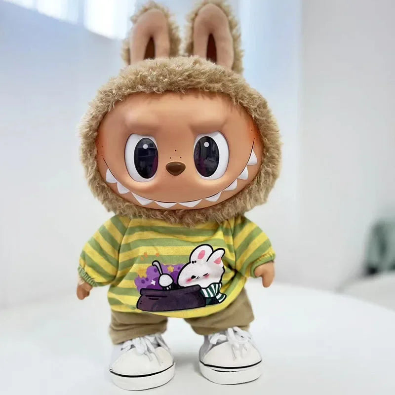 EZ For 38Cm Labubu outfit vinyl plush doll clothes for Korea Kpop Exo Labubu doll clothes striped animal shirt set