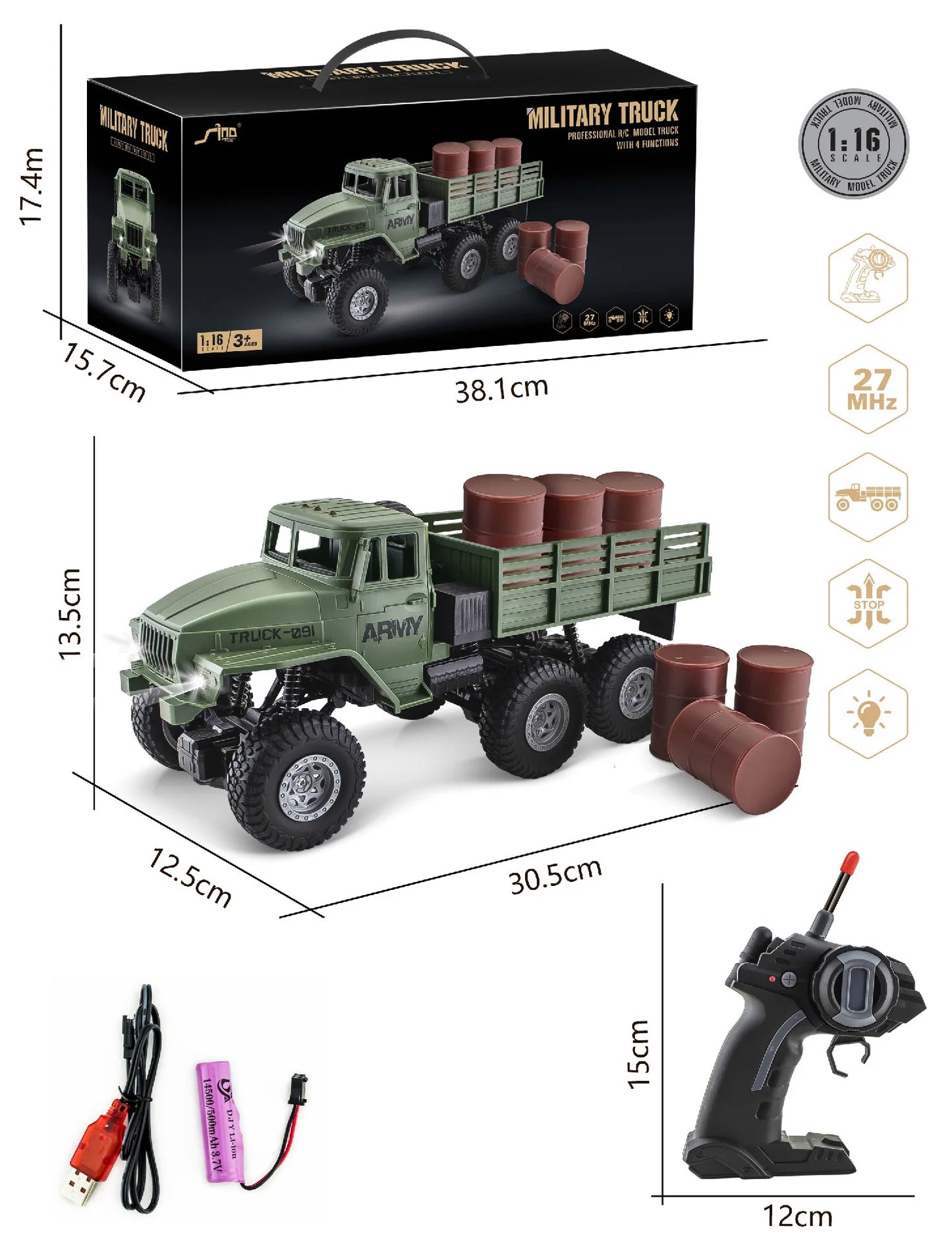 EZ RC Military Truck 6x6 Road Remote Control Car 1/16 Scale Remote Control Truck 4WD All Terrain Rock Army Transport Vehicle Toy Ve