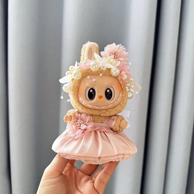 EZ Luxury Plush Wedding Dress Dolls Clothes for Labubu I II Korea Style Fluffy Romantic Wedding Dress Flower Hat Suit for Ladbubu