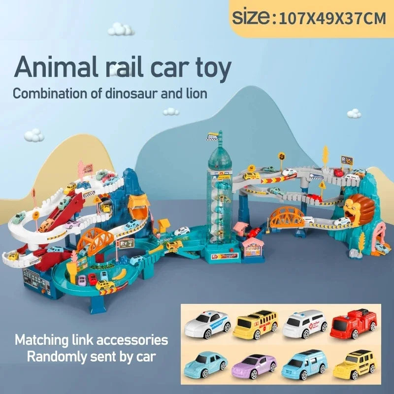 EZ Electric Rail Car Dinosaur Building Parking Lot Adventure Racing Rail Car Toys Children Brain Mechanical Interactive Rail Cars