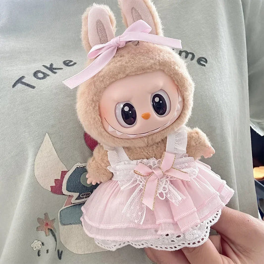 EZ 17cm Mini Plush Doll'S Clothes Outfit Accessories For Korea Kpop Labubu Idol Pink bright silk bow princess gauze skirt Clothing