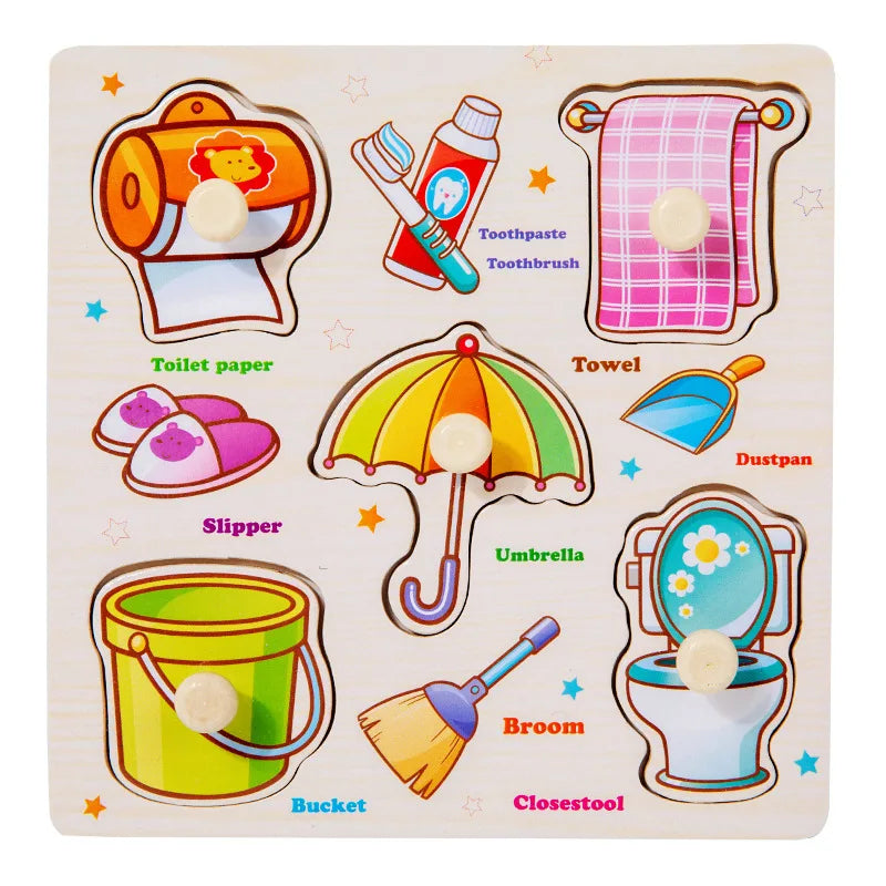 EZ Baby Wooden Puzzles Montessori Toys 1 2 3 Years Toddler Toys Hand Grab Board Alphabet Number Cognition Learning Educational Toys