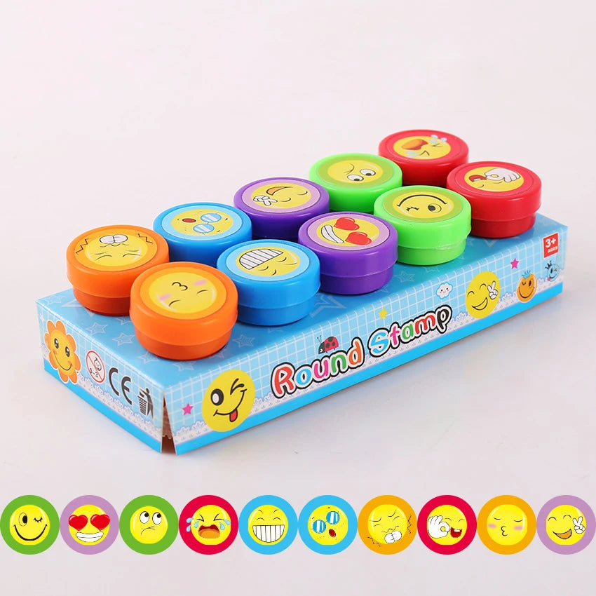 EZ 10pcs Stamps Cartoon Smiley Face Kids Self-ink Stamps Children Toy for Scrapbooking Seal Stamper DIY Painting Photo Album Decor