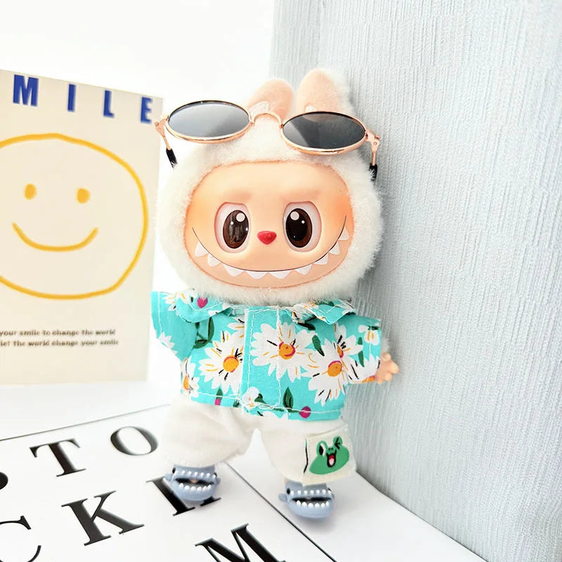 EZ 1 Set Hawaii Original Luxury Clothes for Labubu V1 V2 Cute Shark Duck Shoes Shirt Pants Glasses Beach Clothes Suit for Labubu