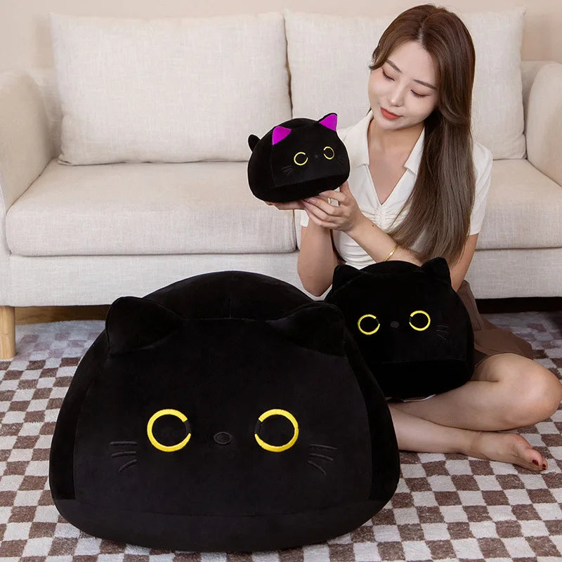 EZ 7/11/20CM Kawaii Small Cuddly Black Cat Plush Doll Cartoon Stuffed Round Ball Cat Plushie Girl's Bag Keychain Pendant Toys