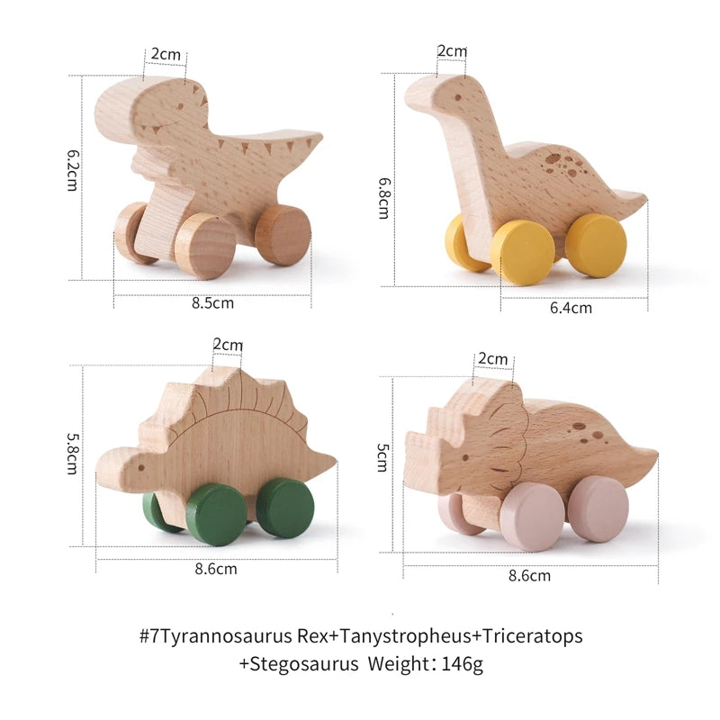 EZ Wooden Baby Car Toys Beech Wooden Dinosaur Cartoon Car Teether Educational Montessori Toys For Children Teething Baby Toys