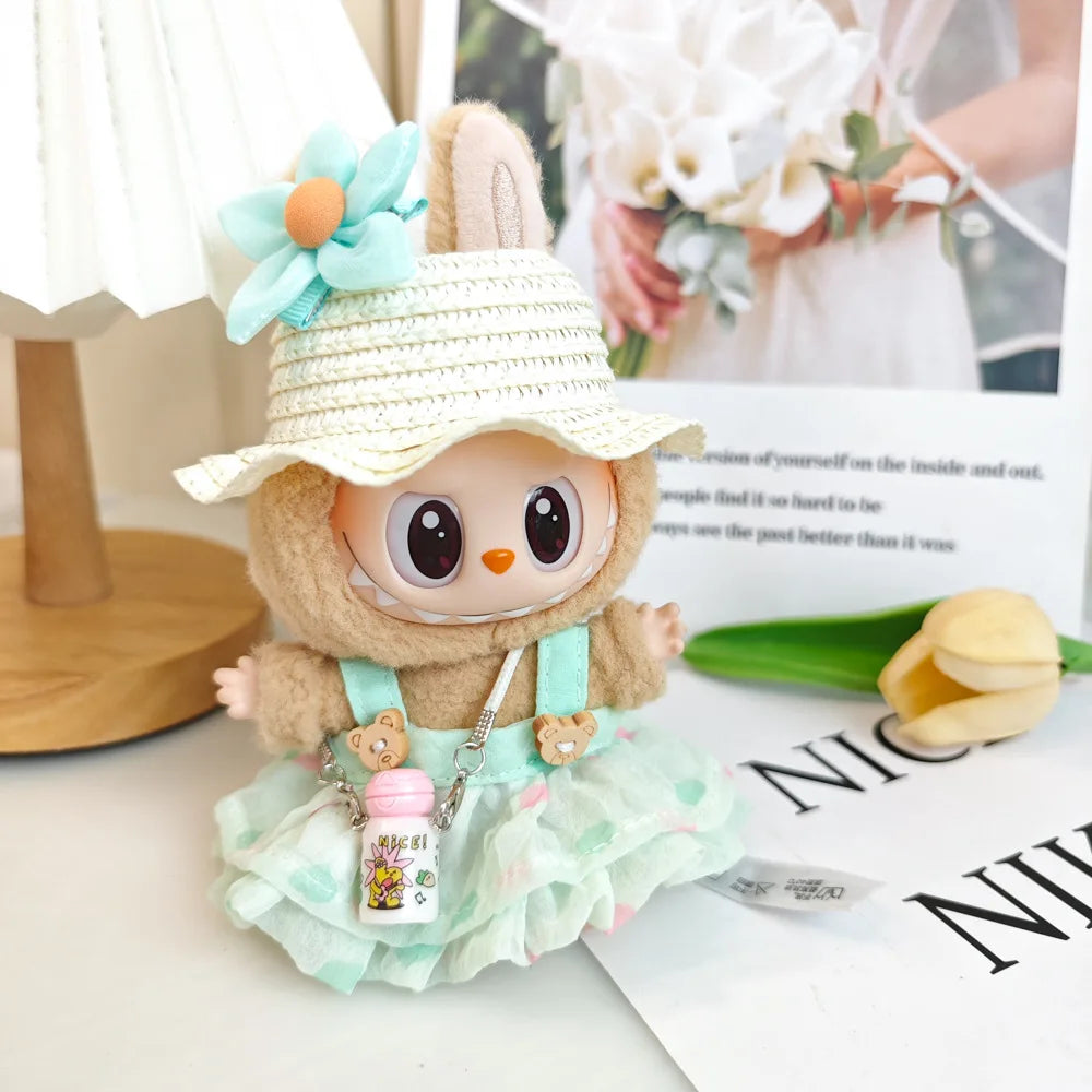 EZ Wrinkled Dress Knitted Straw Hat Vacation Style For 17cm Plush Doll Outfit Perfect Labubu Accessories Ropa Labubu