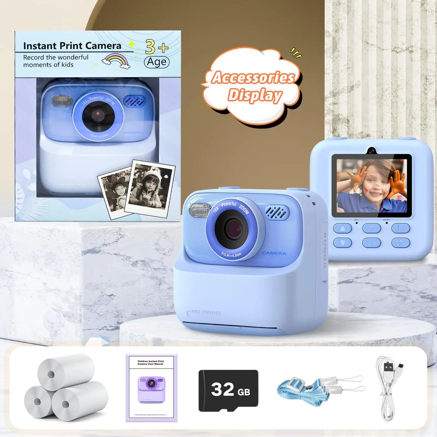 EZ Kids Digital Camera 1080P Vedio Thermal Instant Print Camera With 32G For Girls Boys Age 3-12 Best Christmas Birthday Gifts