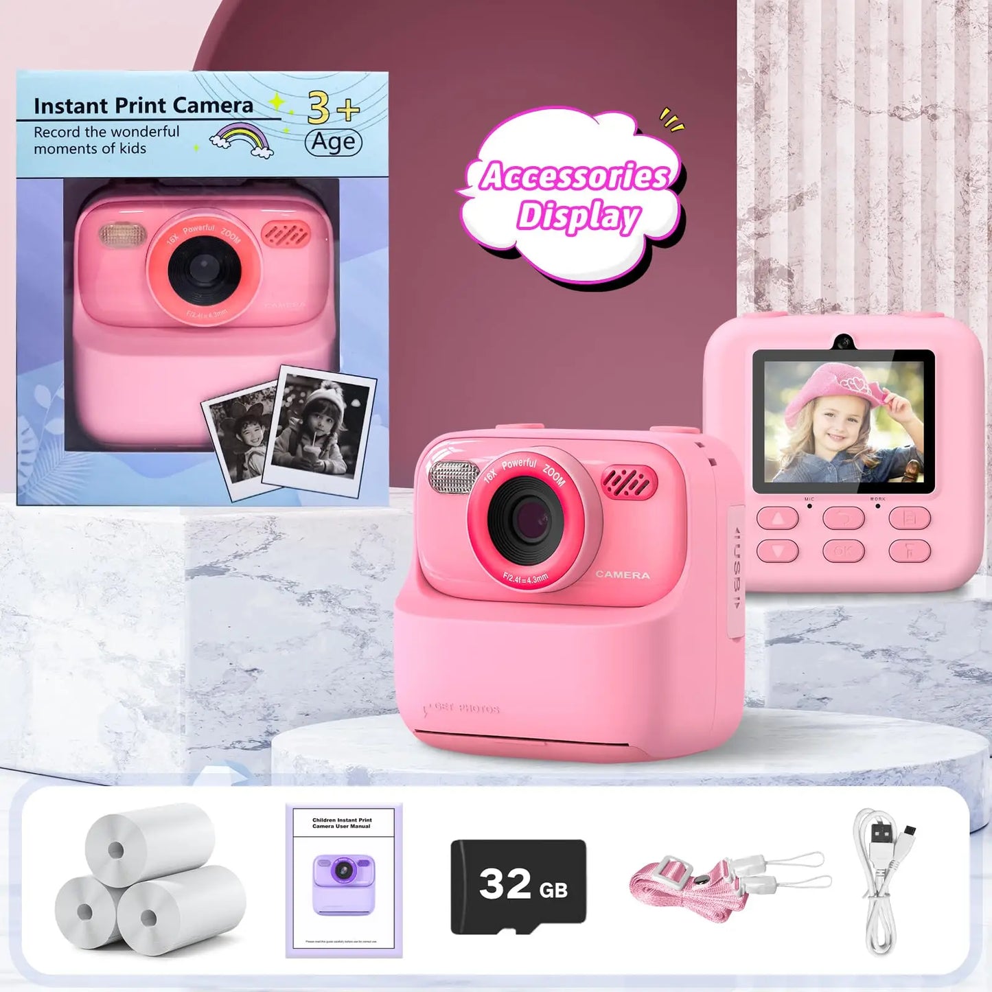 EZ Kids Digital Camera 1080P Vedio Thermal Instant Print Camera With 32G For Girls Boys Age 3-12 Best Christmas Birthday Gifts