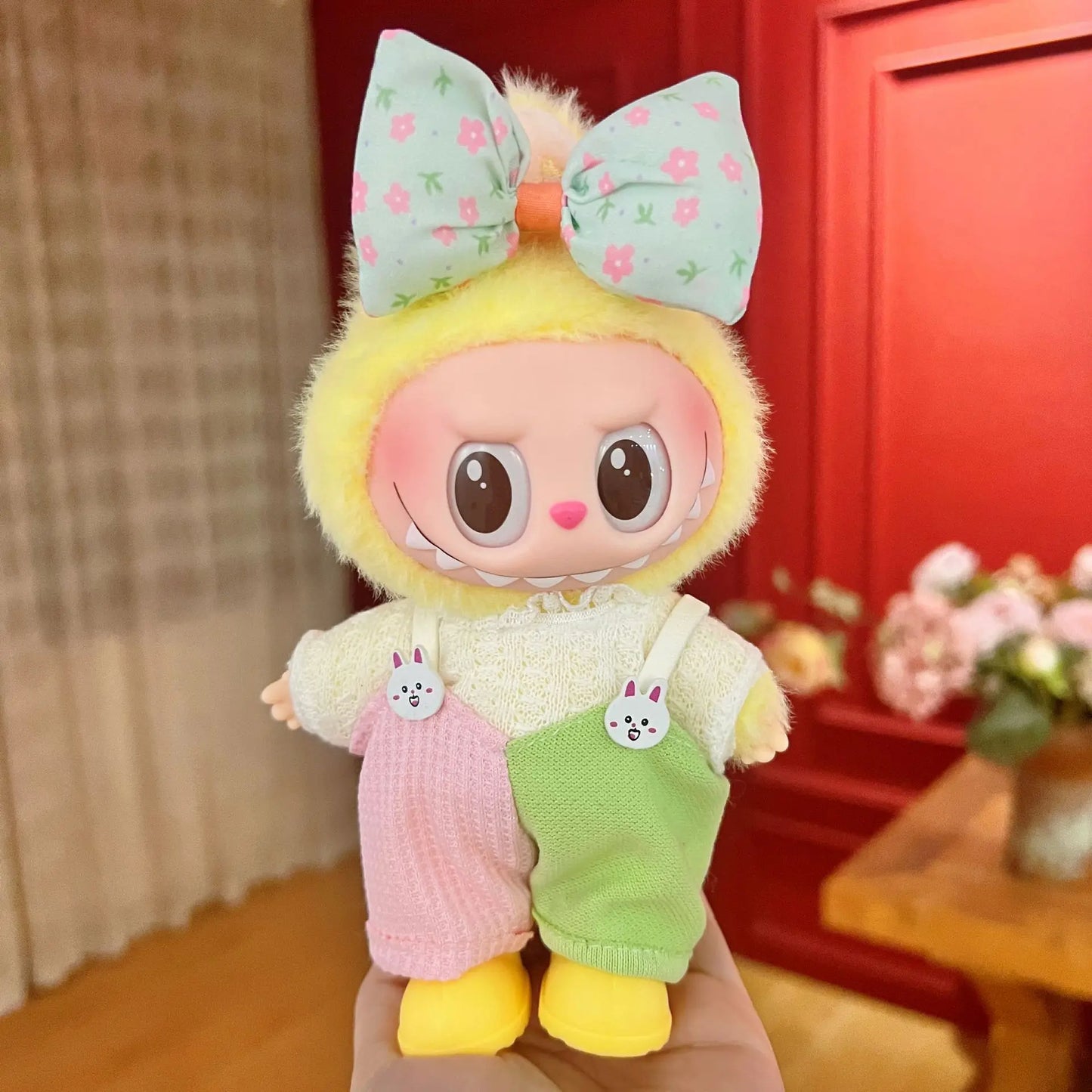 EZ 17cm Mickey Mini Costume Suitable Toy V3 for Labubu Clothes Korean Kpop Idol Pink Bright Silk Bow Princess Dress Birthday Gift