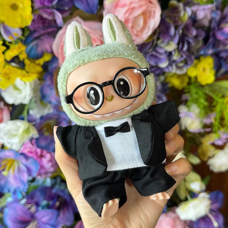 EZ 17cm Mini Plush Doll's Clothes Outfit Accessories For Labubu Idol Doll Bow Tie Men's Suit With Glasses Clothing Birthday Gift