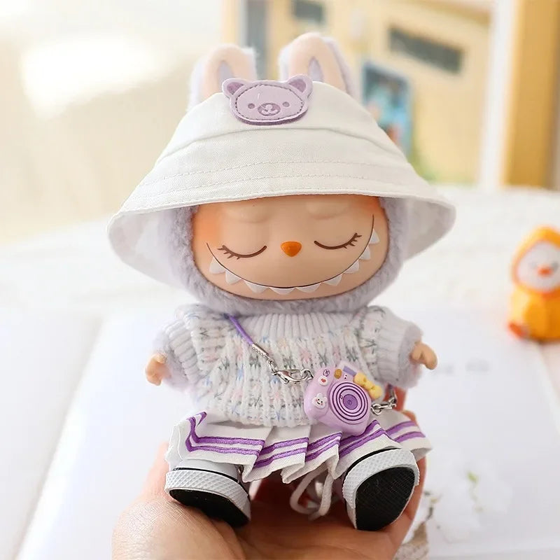 EZ Labubu Doll Clothes Set for V1/V2 Dolls Macaron JK Pleated Skirt with Camera and Shoes