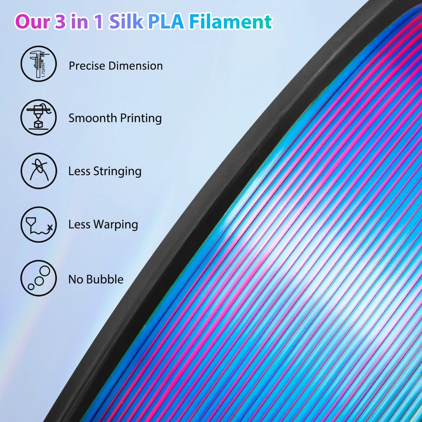 EZ Tricolor Silk PLA 3D Printer Filament, 1.75mm Multicolor 3D Printing Filament, 1kg (2.2lbs) Fit Most FDM 3D Printer