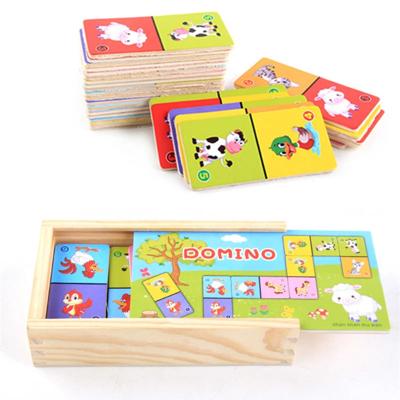 EZ Kids Cognitive Animal Solitaire Dominoes Puzzle Toy Montessori Wooden Animal Color Cognitive Cartoon Jigsaw Board Education Toys