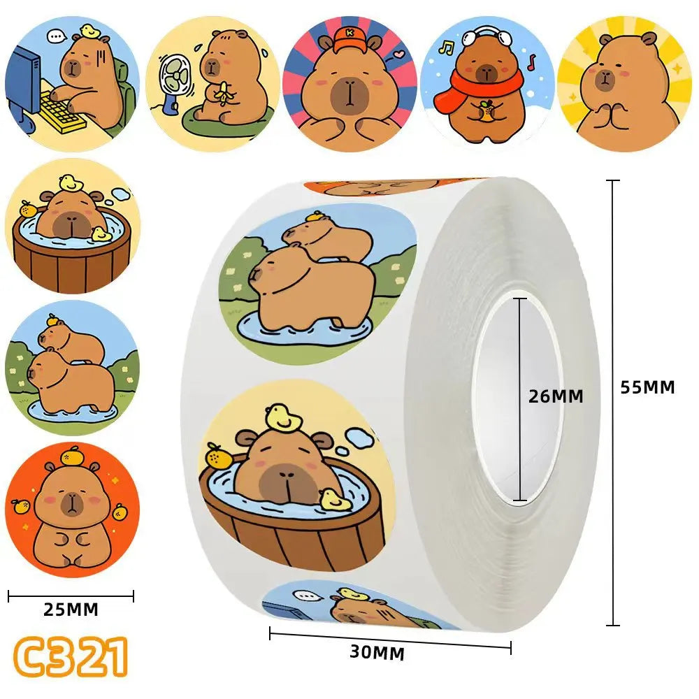 EZ 500 Pcs Capybara Stickers Roll - Waterproof PVC Animal & Food Decals for Laptop, Water Bottle, Phone