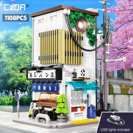 EZ Cada City LED Japanese Steamed Bun House Architecture Building Blocks Friends Shop Figures Bricks Toys cherry blossom Kids Gifts