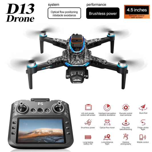 EZ New D13 Drone 4K Professional Three HD Camera with Large Screen 5G WIFI FPV Dron Brushless Optical Flow Hover Folding Quadcopter
