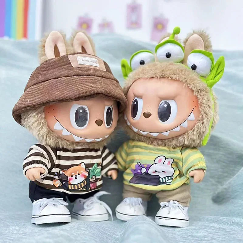 EZ For 38Cm Labubu outfit vinyl plush doll clothes for Korea Kpop Exo Labubu doll clothes striped animal shirt set