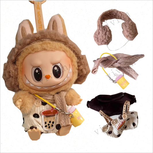EZ Mini Doll'S Clothes Outfit Accessories For Korea Kpop Exo 15-17cm Labubu Idol Polka dot overalls scarf earmuff set Clothing Gift