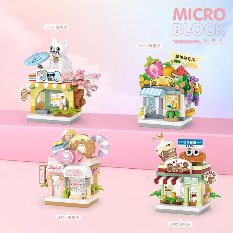 EZ Restaurant Dessert Coffee Pet Fruit Store Street View Food House Building Blocks Kit Girls Bricks Model Kids Toy Boy Child Gifts