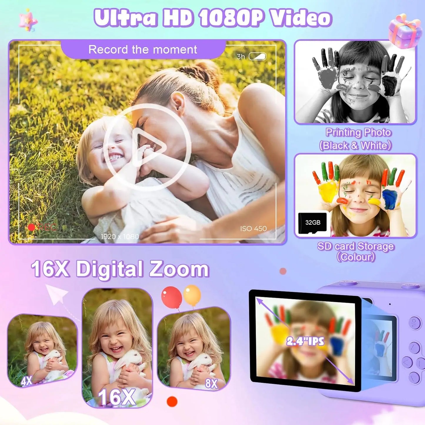 EZ Kids Camera Instant Print Toddler Cameras Thermal Printing Camera Birthday Gifts Toys For Boy Girl Age 3-12 With MP3 Video Game