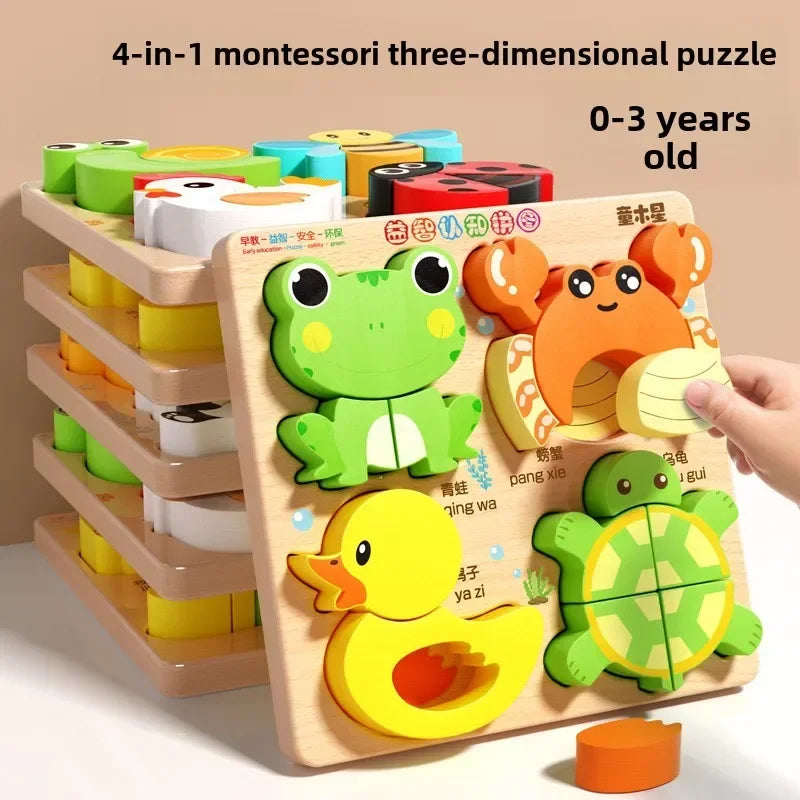 EZ Montessori Cartoon 3D Wooden Puzzle Animal Traffic Jigsaw Toys for Kids Early Learning Educational Cognitive Game Children Gifts