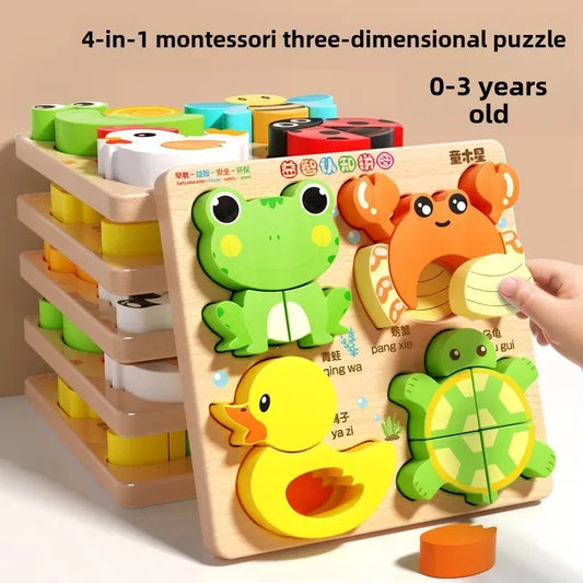 EZ Montessori Cartoon 3D Wooden Puzzle Animal Traffic Jigsaw Toys for Kids Early Learning Educational Cognitive Game Children Gifts