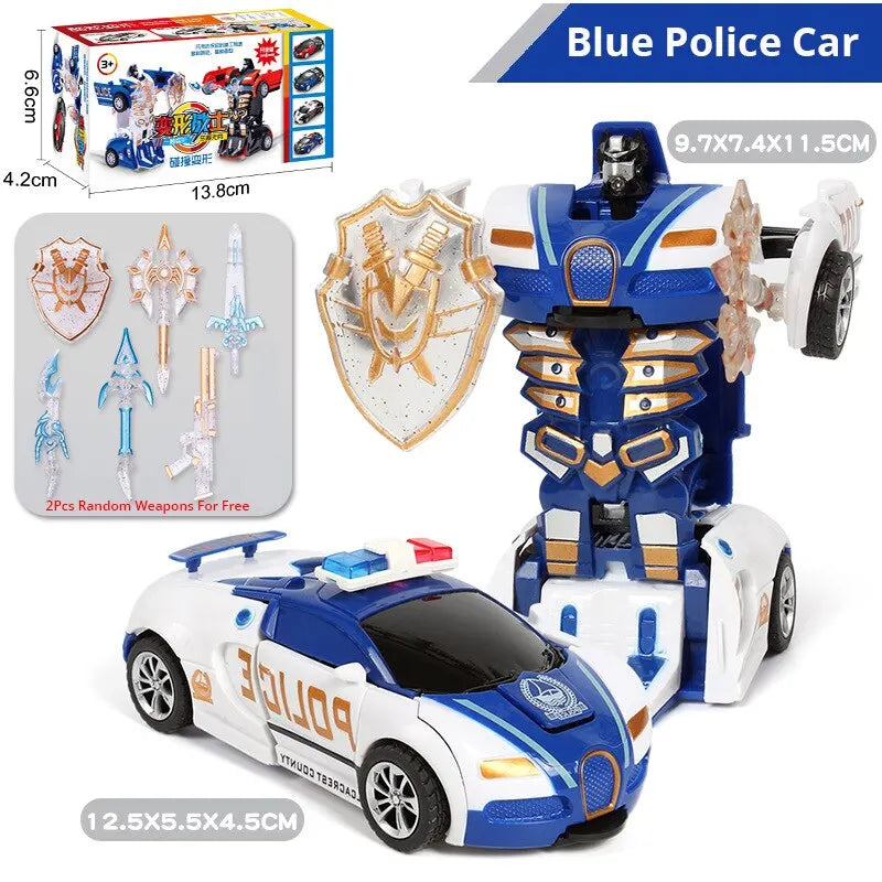 EZ Blue Police Car Toy for Boys - Inertia Impact One-Button Deformation Feature Collision Deformation Children's Vehicle