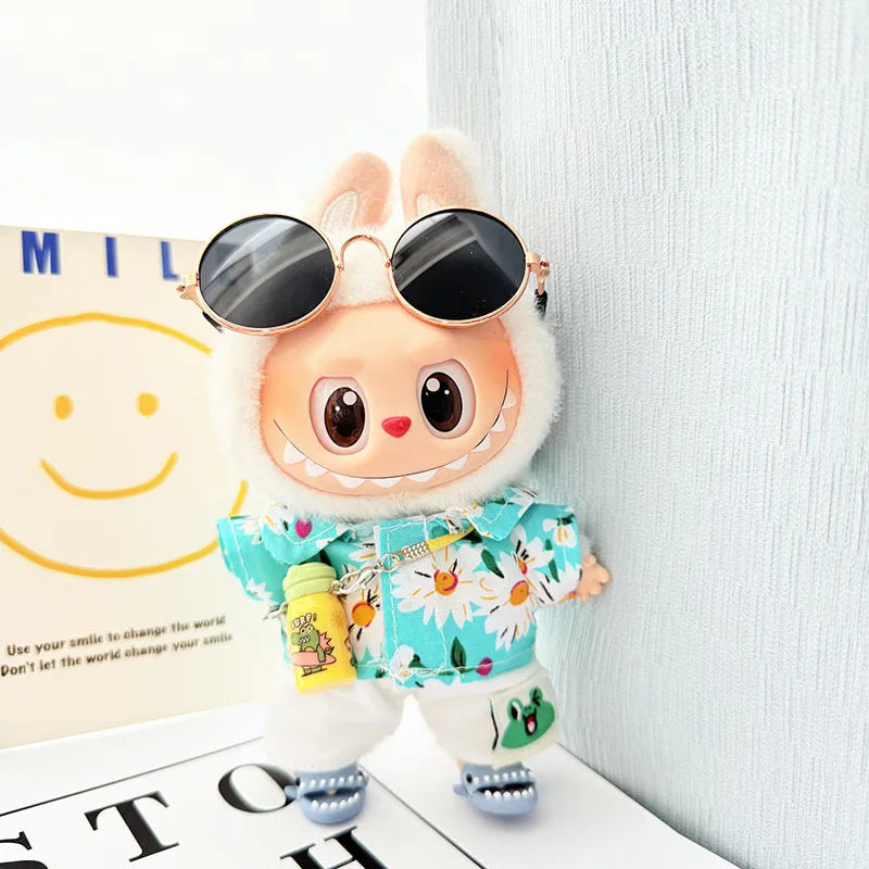 EZ 1 Set Hawaii Original Luxury Clothes for Labubu V1 V2 Cute Shark Duck Shoes Shirt Pants Glasses Beach Clothes Suit for Labubu