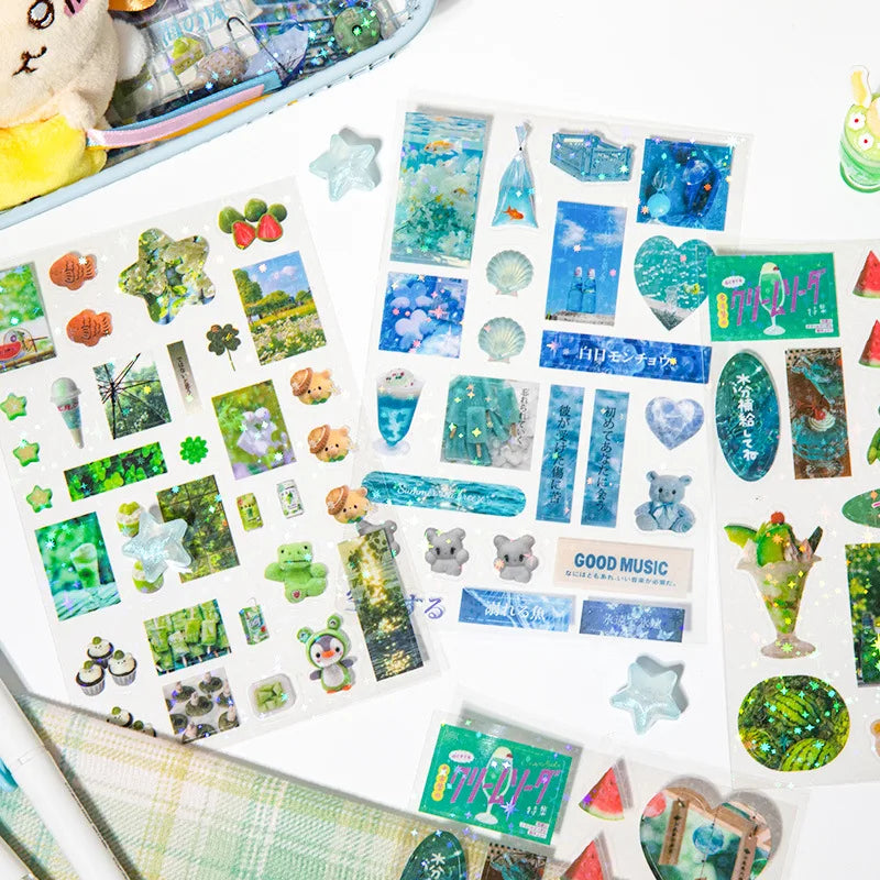 EZ 6pcs Glitter Stickers Y2K DIY Toploader Scrapbooking Journal Decor Stickers for Phone Kawaii Transparent PET Stickers Gift