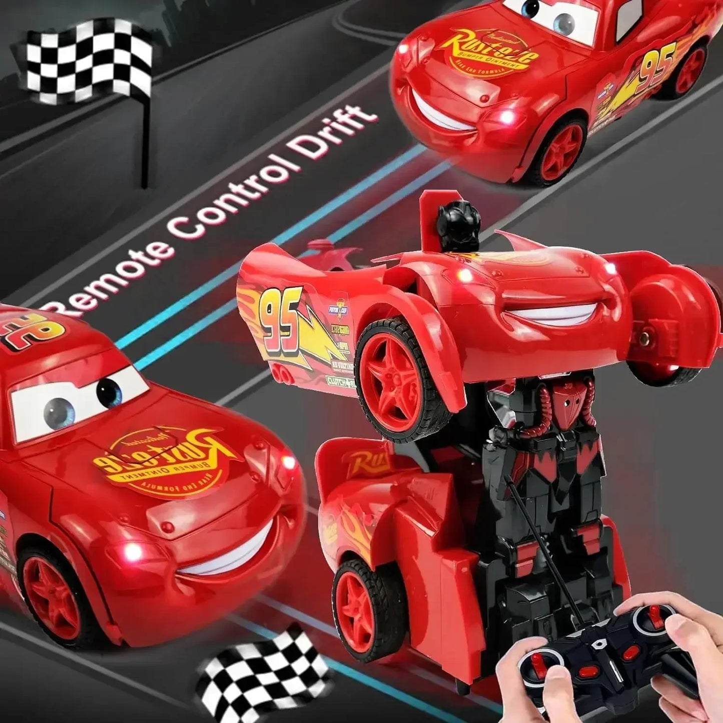 EZ Disney Lightning Mcqueen Remote Control Car 2in1 Transform Robot Rc Deformation Car Anime Model One Button High Speed Kids Toys