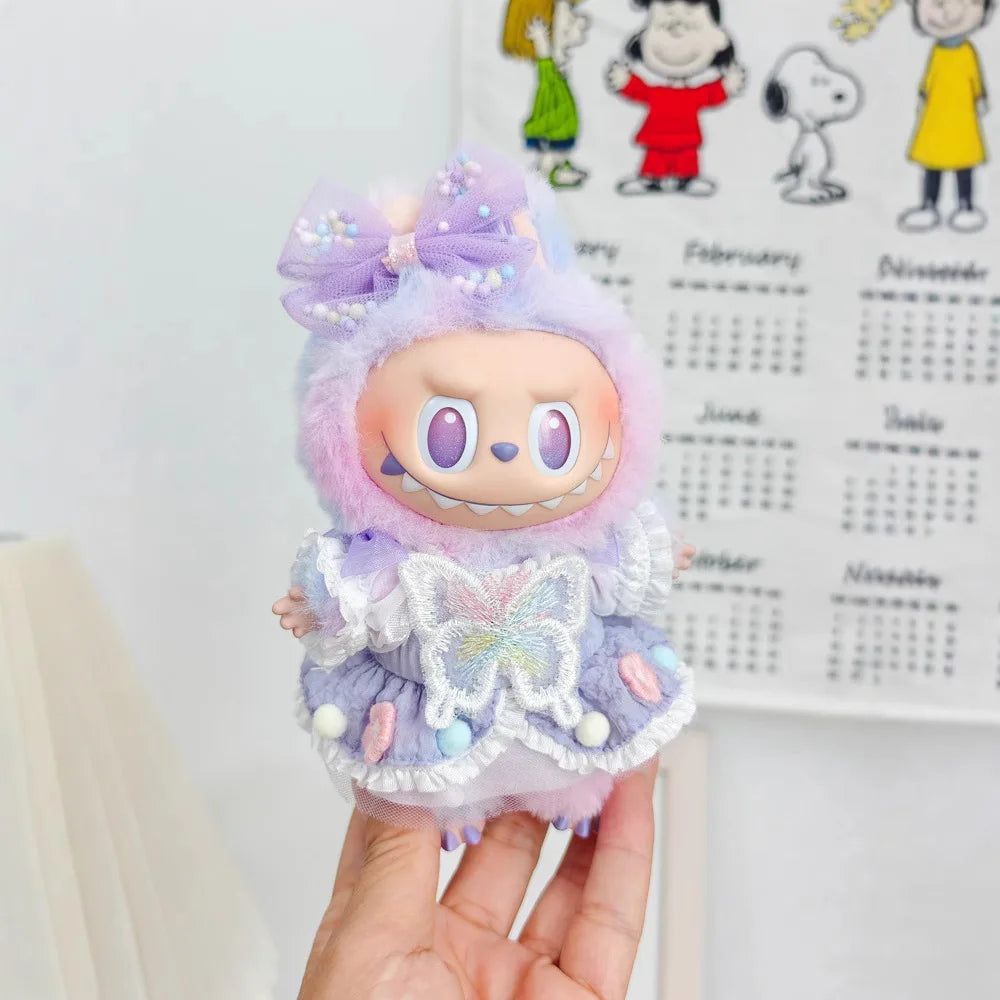 EZ 15/17cm Vinyl Plush Doll Clothes Labubu Pendant Lucky Purple Bow Dress Labubu V1/V2/V3 Clothes Accessories