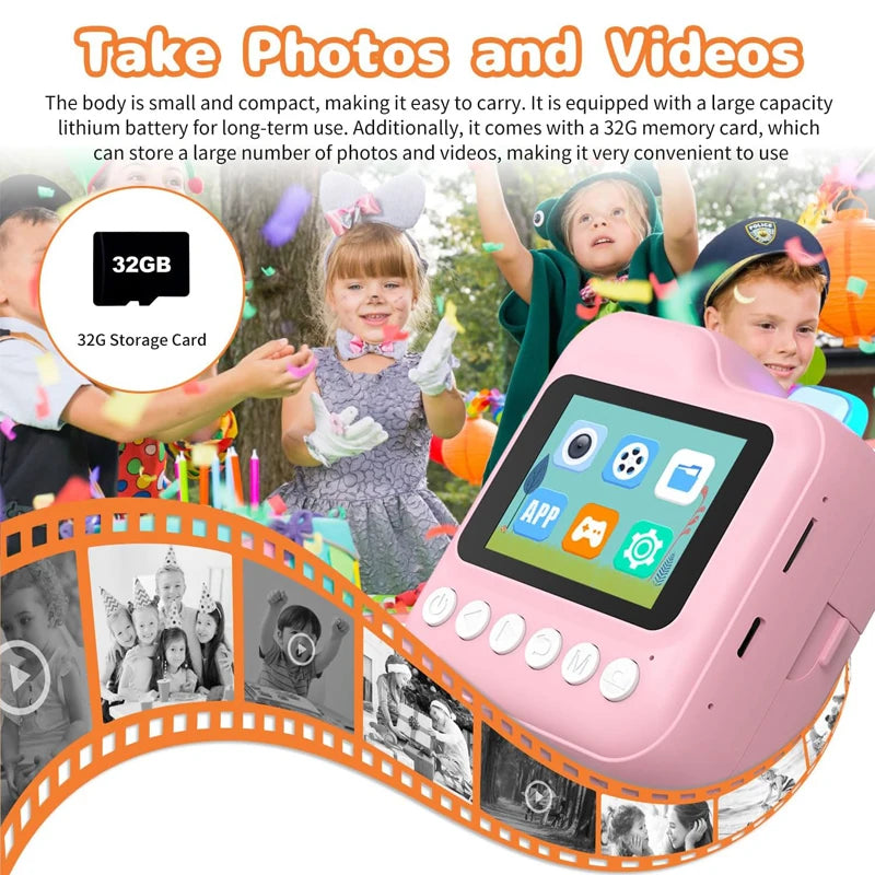 EZ Children Camera Mini Instant Print Digital Camera 32G TF Card Inkless Printing Paper Kids Video Educational Toys For Kids Gift