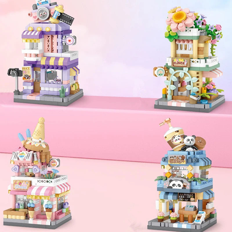 EZ NEW Panda Pet Coffee Ice Cream Flower Shop Store Street View Food House Building Blocks Kit Girls Bricks Model Kids Toy Children
