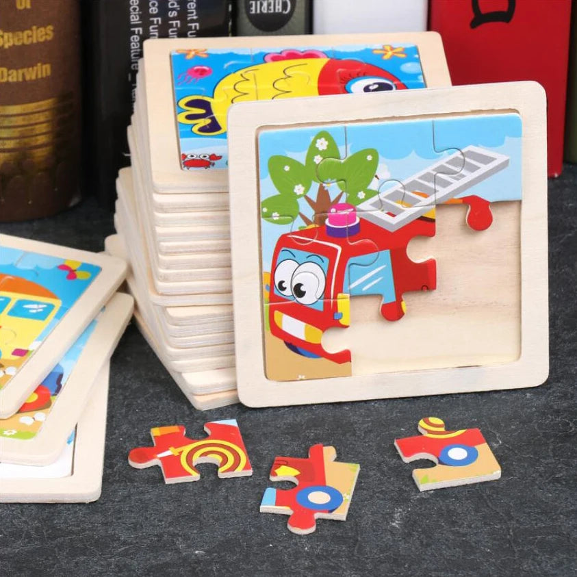 EZ 11cm/4.33in Kids Wooden Jigsaw Puzzle Games Cartoon Animal Vehicle Pattern Children Montessori Educational Toys