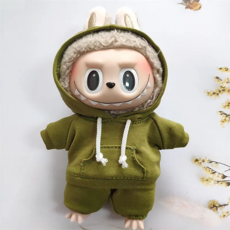 EZ 17cm Labubu Doll Black Hoodie Sweatshirt and Pants Set for Doll DIY Outfit Gift