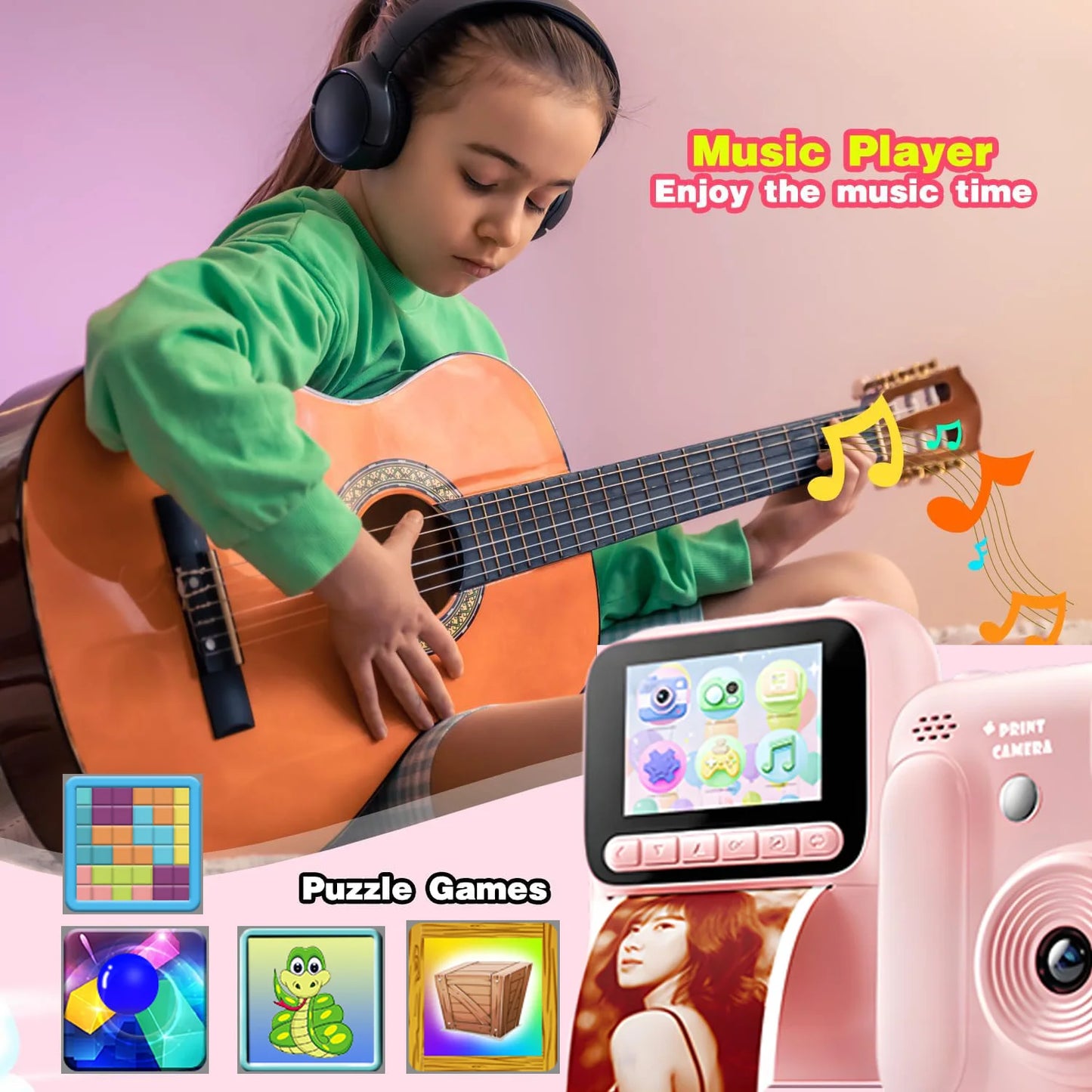 EZ Kids Instant Camera Color Printing Camera 32GB 1080P Thermal Print Toys Camera Print Photo Video Games Music Children Gift