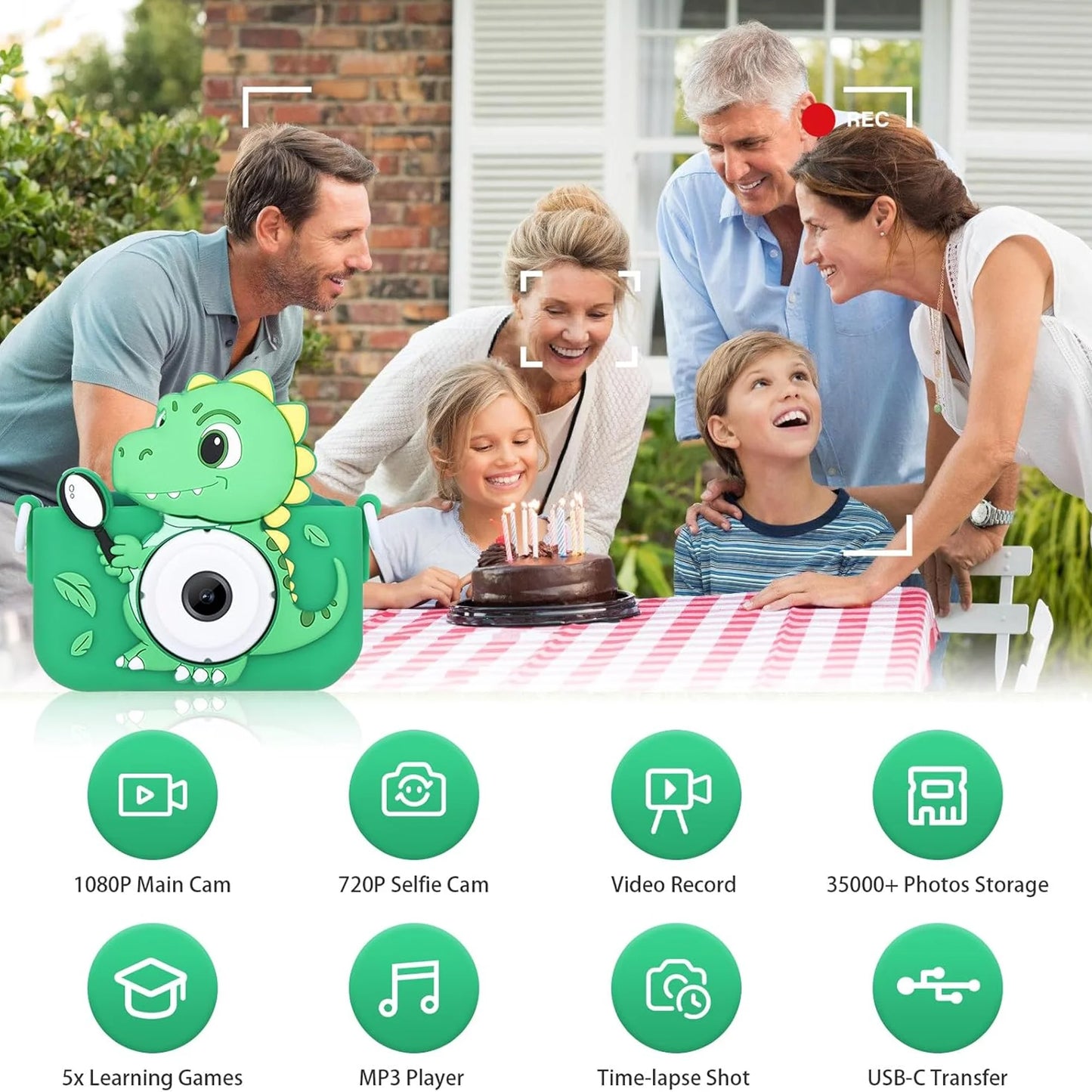 EZ Dinosaur Kids Toy Cameras 1080P HD Video Camera 48MP Dual Camera With Silicone Protective Cover 32GB Card Boy Girl Birthday Gift