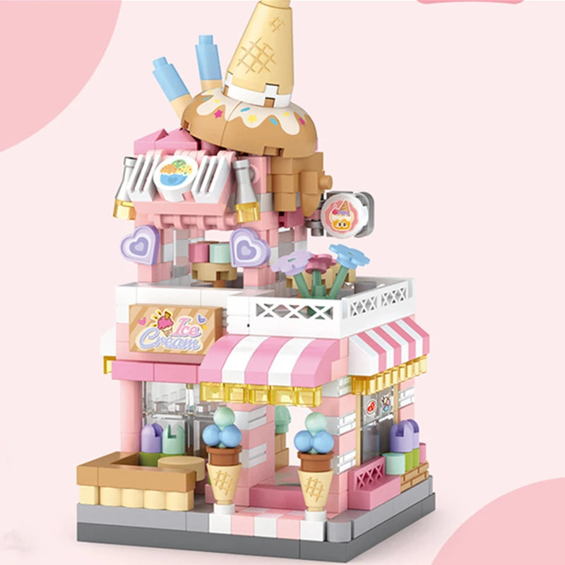 EZ NEW Panda Pet Coffee Ice Cream Flower Shop Store Street View Food House Building Blocks Kit Girls Bricks Model Kids Toy Children