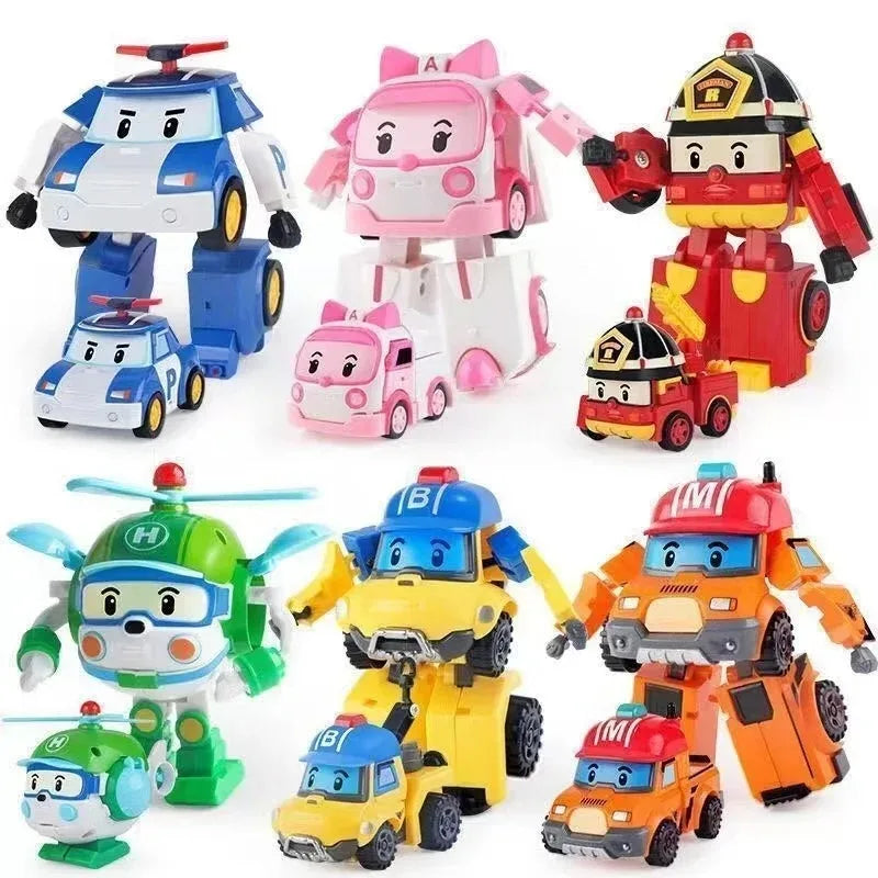 EZ 6pcs/set Cartoon Robocar Poli Action Figures Transformation Anime Hand Deformation Car Model Airplane Gift Toys Robots For