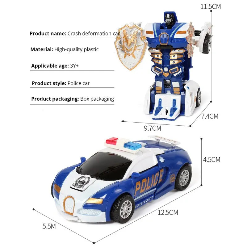 EZ Blue Police Car Toy for Boys - Inertia Impact One-Button Deformation Feature Collision Deformation Children's Vehicle