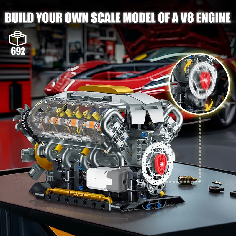 EZ MOC Technik Electrically Driven V8 Engine Model Car Building Blocks Set Creative Educational Toys Christmas Gifts For Boys Kids