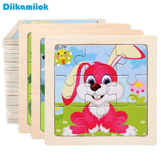 EZ 11cm/4.33in Kids Wooden Jigsaw Puzzle Games Cartoon Animal Vehicle Pattern Children Montessori Educational Toys