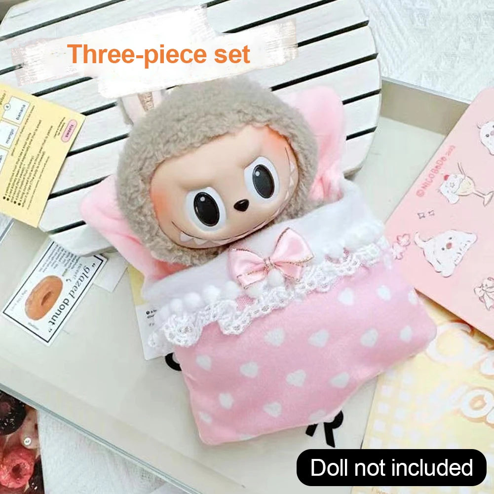 EZ Ropa Labubu For 15/17cm Labubu Doll Quilt and Pajama Set Three-piece Set Cosy Baby Bed Home Warmth Toy Girl Gift