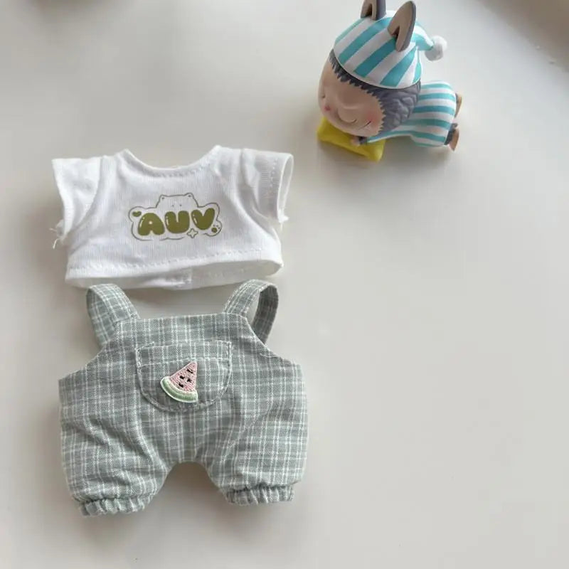 EZ 17cm Mini Plush Doll'S Clothes Outfit Accessories For Korea Kpop Exo Labubu Idol V1 V2 Casual plaid overalls Clothing Gift
