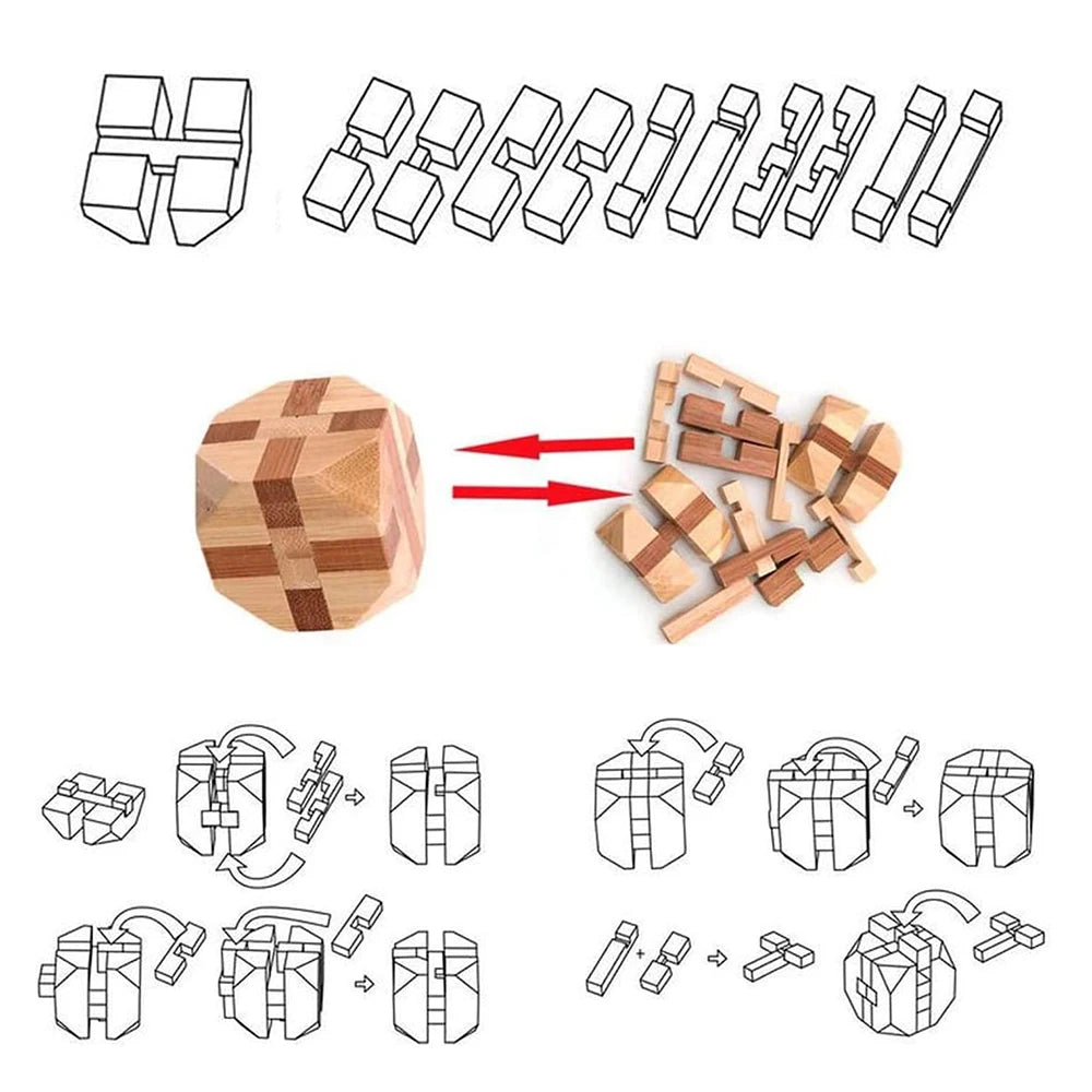 EZ Kids Children Adult Kong Ming Luban Lock 3D Handmade Bamboo Math Puzzles Brain Teasers Educational Finger Toy Birthday Xmas Gift