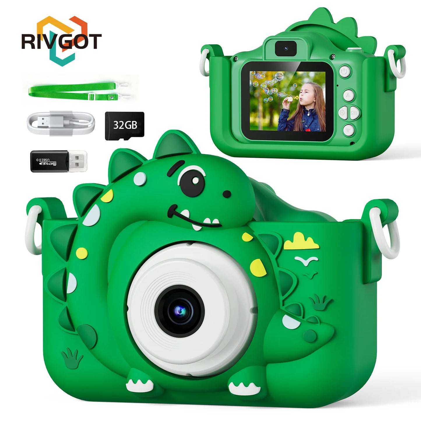 EZ Kids Digital Camera with 32G Card Toy Girl Boy 1080p Hd Screen Outdoor Cartoon Dinosaur Camera Photography Video Birthday Gifts