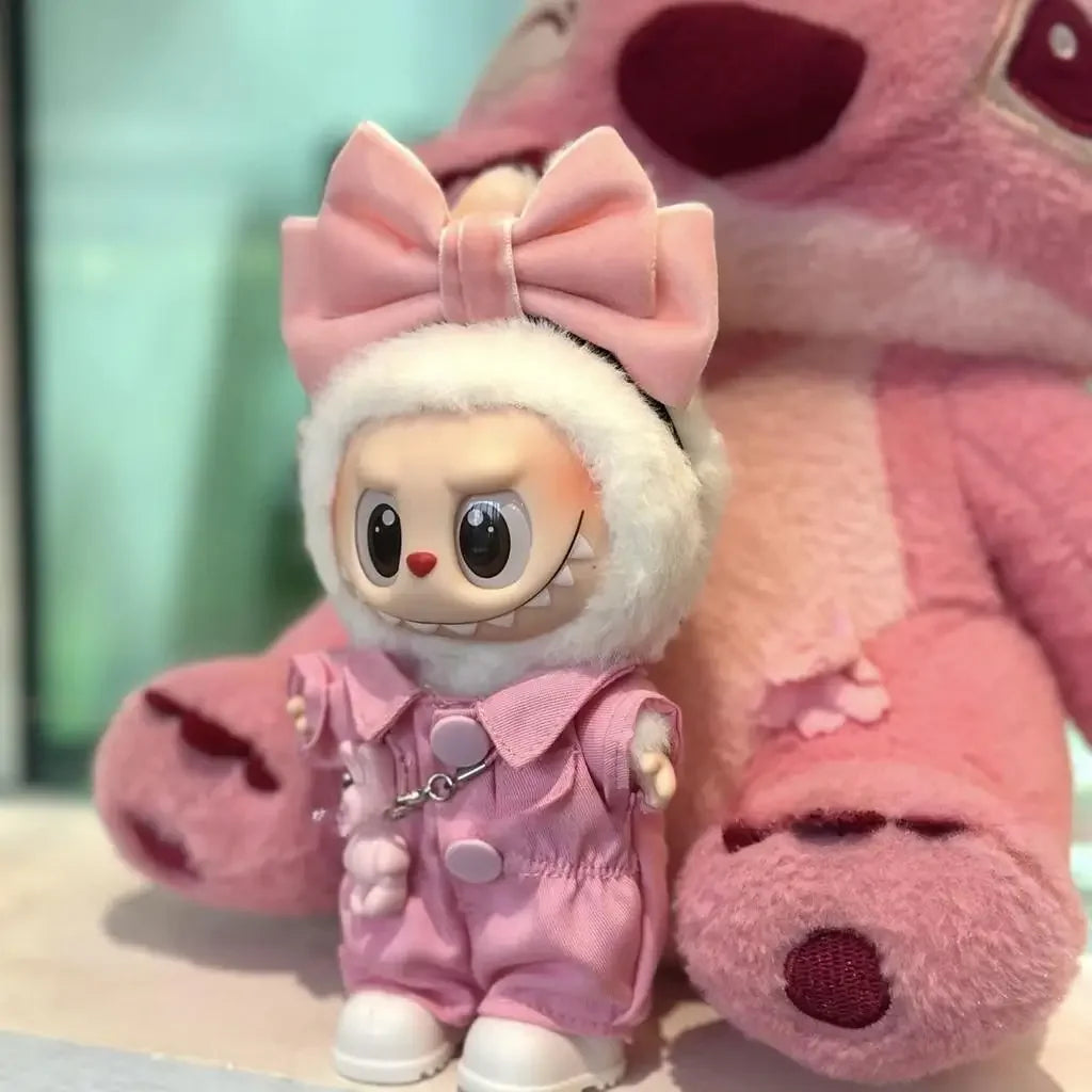 EZ For 15/17cm 3.0 labubu v1/v2/v3  clothes pink set love outfits Cherry Decorated Jumpsuit Replacement for Decoration Accessories