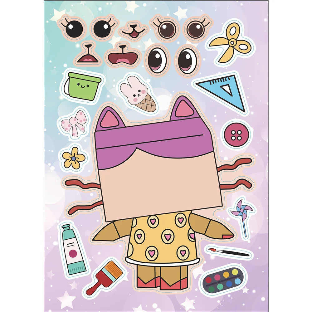 EZ 6/12Sheets Gabby's Dollhouse Make A Face Puzzle Stickers Kids Make Your Own DIY Game Children Cartoon Jigsaw Education Toys Gift