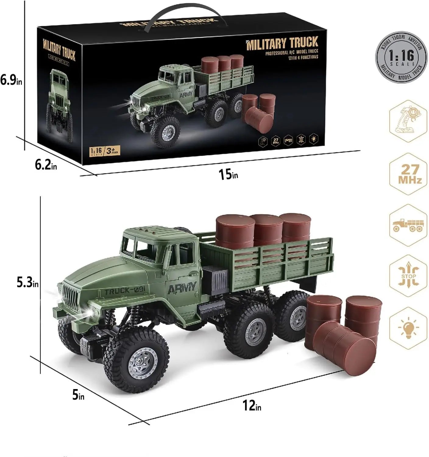 EZ RC Military Truck 6x6 Road Remote Control Car 1/16 Scale Remote Control Truck 4WD All Terrain Rock Army Transport Vehicle Toy Ve